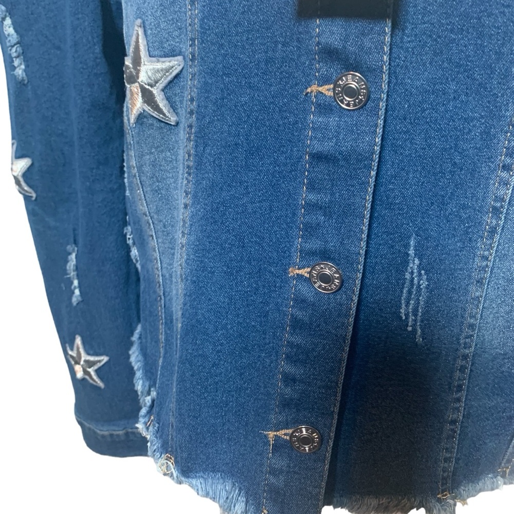 Plus Size 2XL Long Puff Sleeve Stars Embroidered Distressed Denim Jacket - Picture 9 of 11